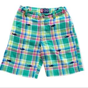Chaps Kids Green Pink Plaid Cotton Shorts Sharks Adjustable Tab Waist- EUC- 4T